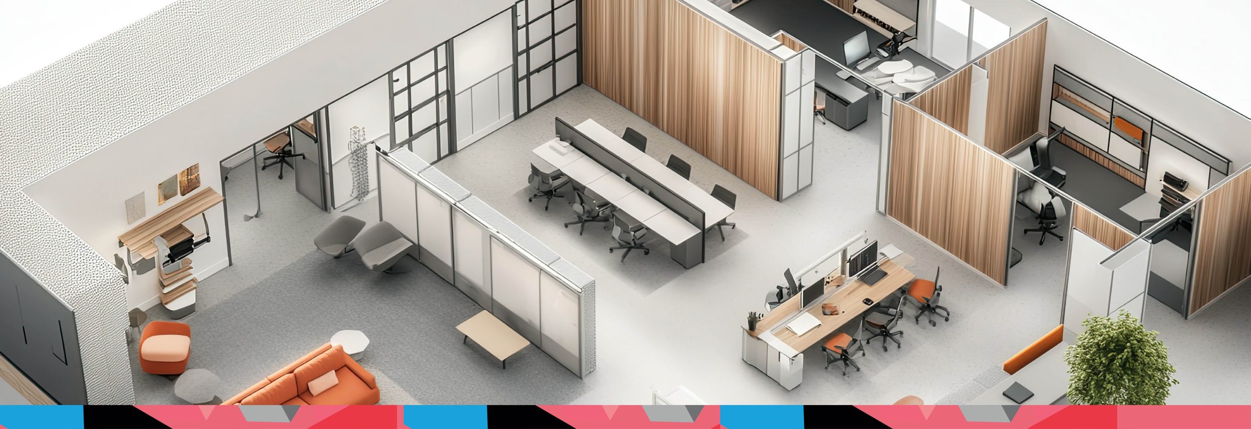 3D Office layout design including partitions, furniture and material samples