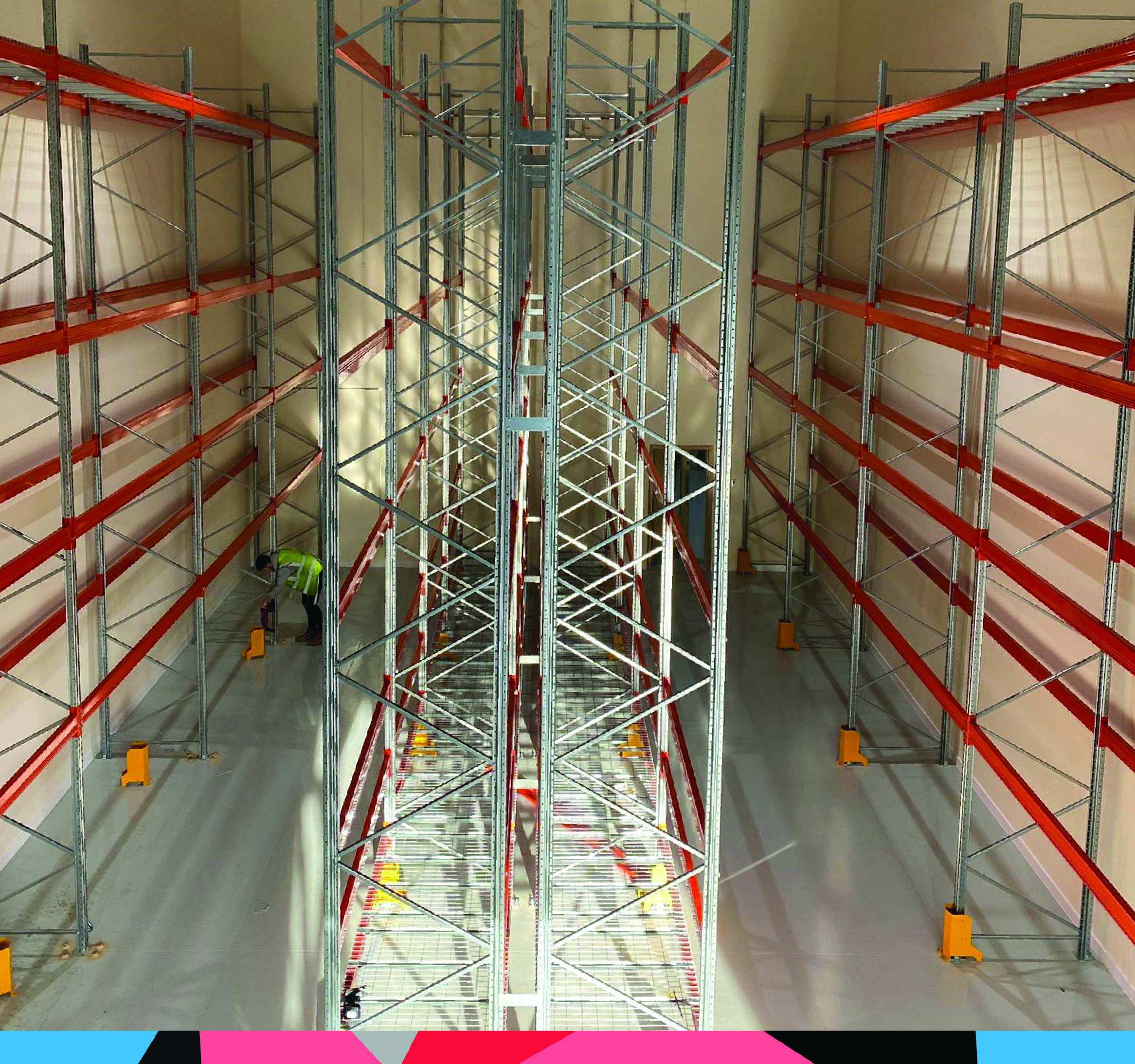 unilever 1 Warehouse with narrow aisle pallet racking installation from a high view